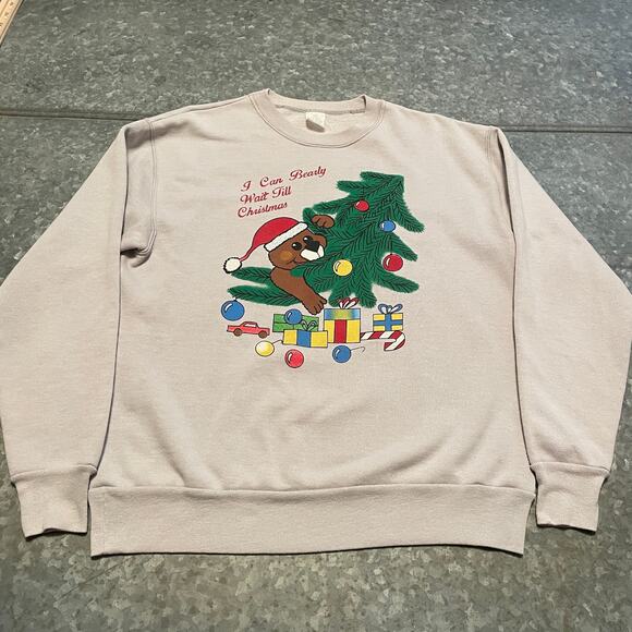 Vintage Christmas Sweatshirt Mens Large USA I Can Bearly Wait Til Bear Tree 90s - Picture 2 of 10
